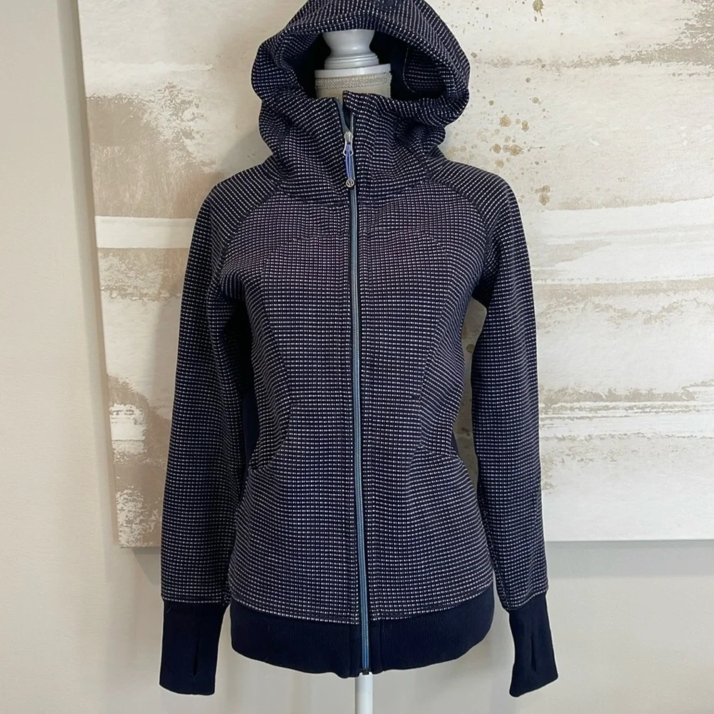 Navy Blue patterned Lululemon Full Zip-Up Hooded Sweatshirt w/ thumbholes Sz 6